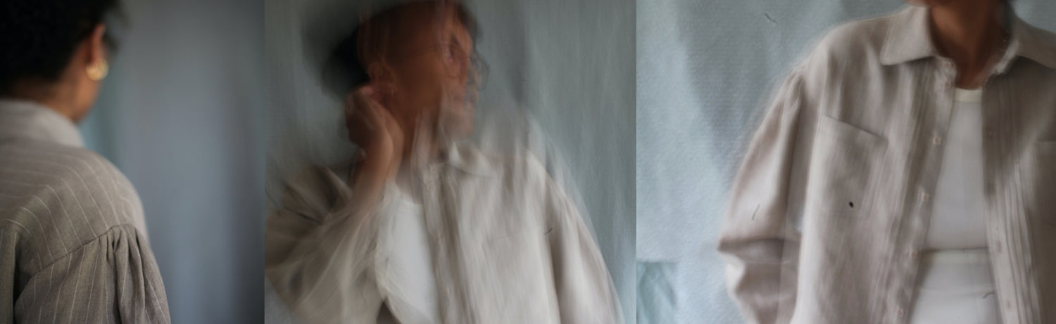 A collage of three photos of a model who is mixed race wearing am ecru coloured linen shirt. Some of the photos are intentionally blurry so it looks a bit like a painting. 